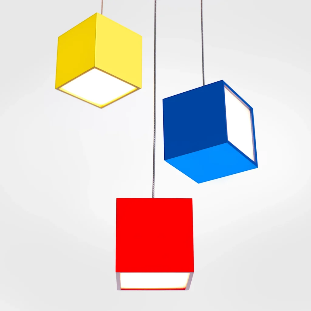 CUBE LED pendant light inspired by the Rubik’s Cube, featuring a compact 3-inch geometric form and colorful finish options. Designed and manufactured by Karice.