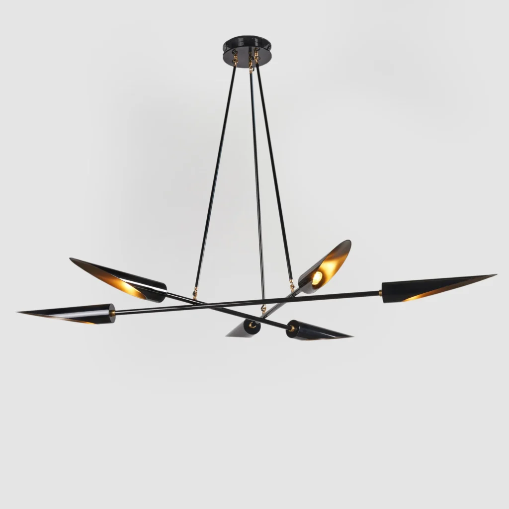 Harmony mid-century chandelier with six lamps, brass accents, and a gloss black finish. Manufactured by Karice.