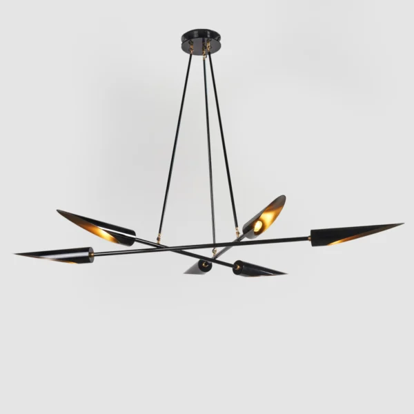 Harmony mid-century chandelier with six lamps, brass accents, and a gloss black finish. Manufactured by Karice.