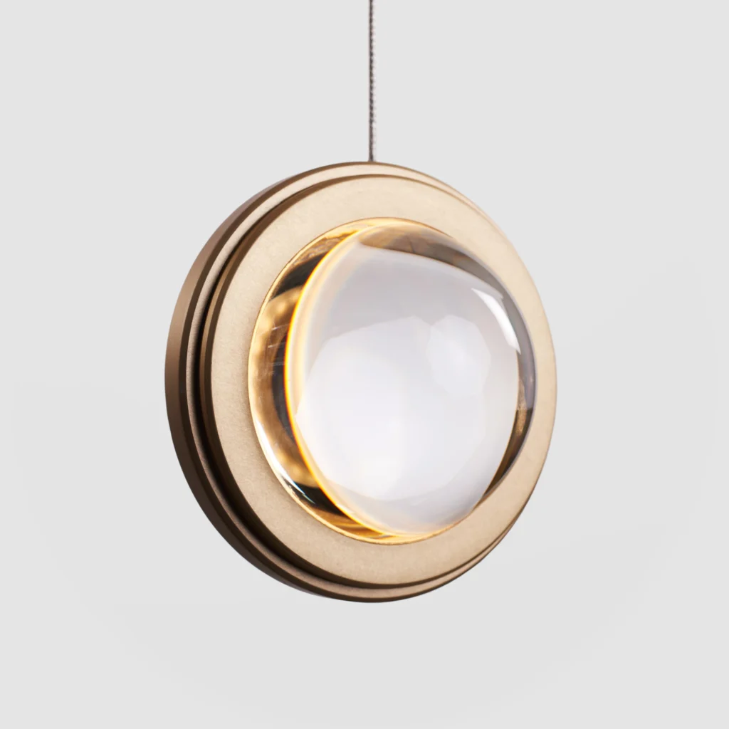 Infinity modern pendant with rotating glass orbs. Designed and manufactured by Karice.