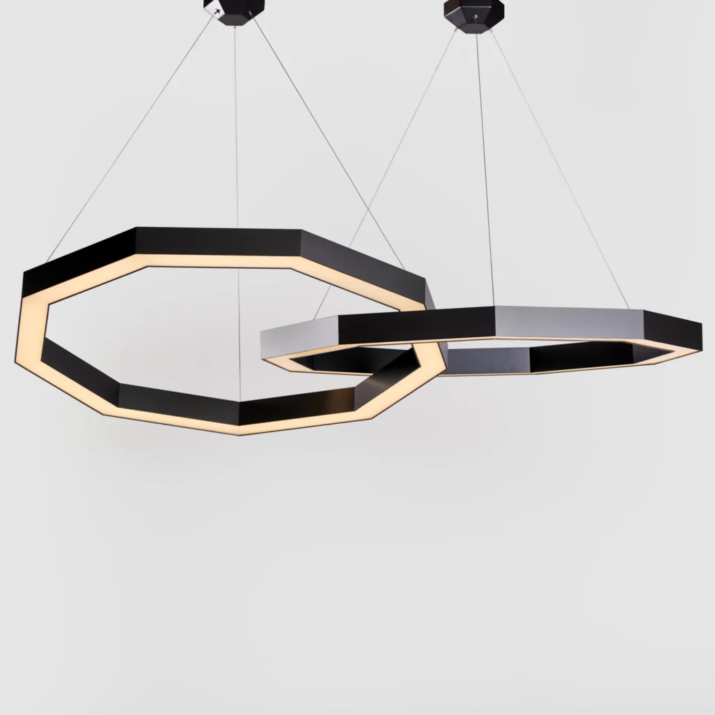 Linked Luxennea geometric LED chandelier with a nine-sided form. Designed and manufactured by Karice.