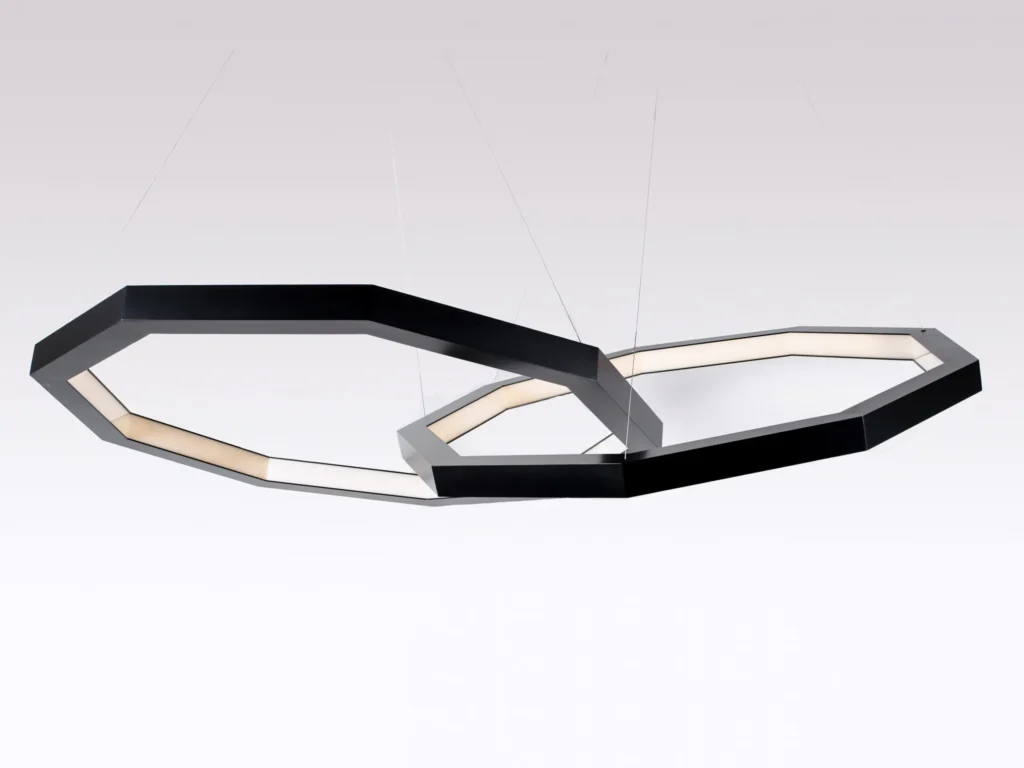 Linked Luxennea geometric LED chandelier with a nine-sided form. Designed and manufactured by Karice.
