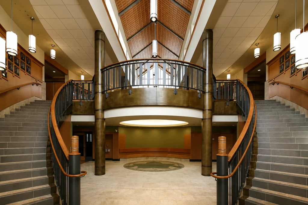 Stairwell pendant lighting and custom railings for Crofton House School in Vancouver, BC, CA by Karice.
