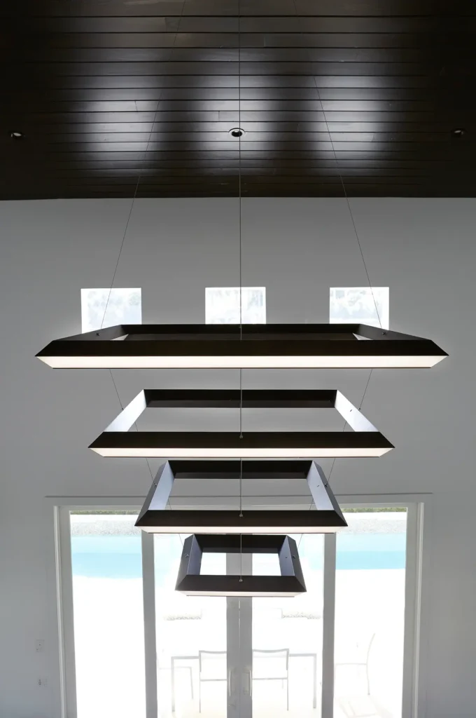 Large four-tier square chandelier for a private residence in Florida. Manufactured and installed by Karice.