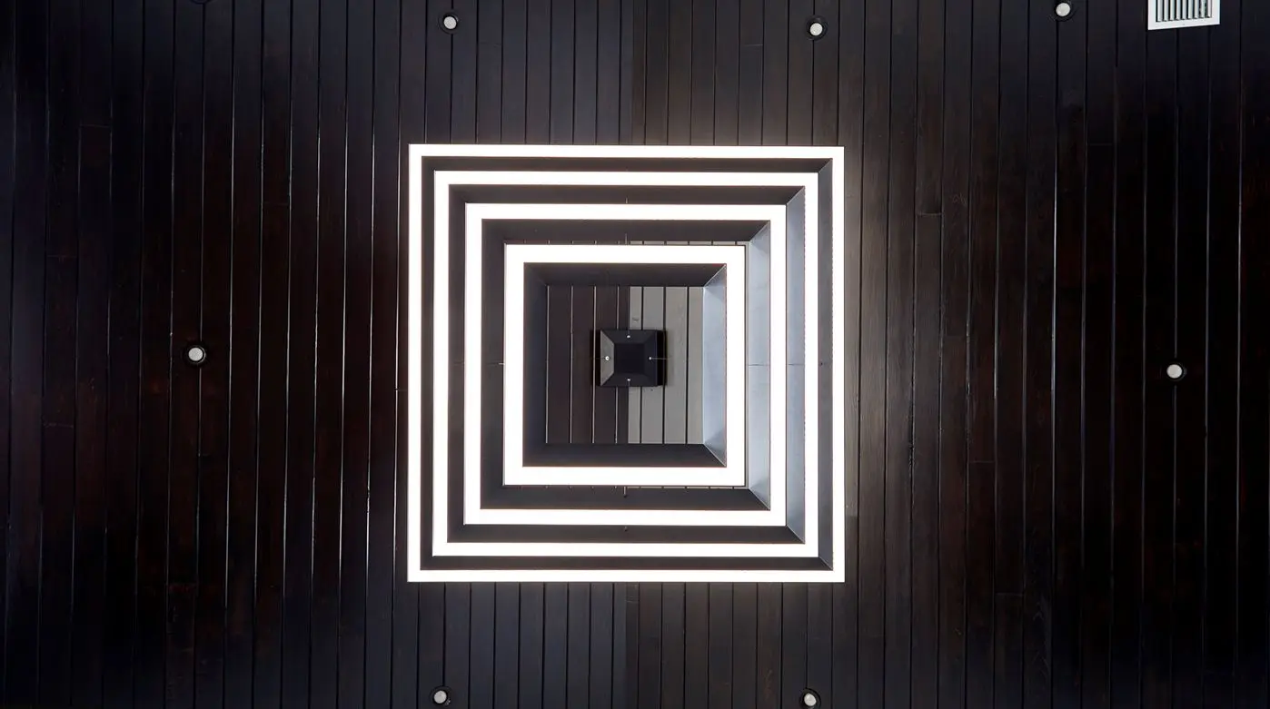 Large four-tier square chandelier for a private residence in Florida. Manufactured and installed by Karice.