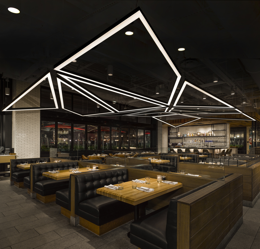 Earls Assembly Row Boston Geometric Light, custom lighting, lighting designer, lighting design, custom lighting design, Shattered