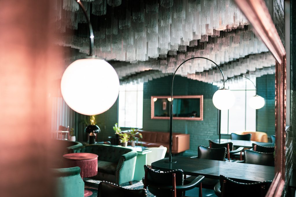 Decorative globe pendant table lamp for Nonsuch Brewing Co. by Karice.