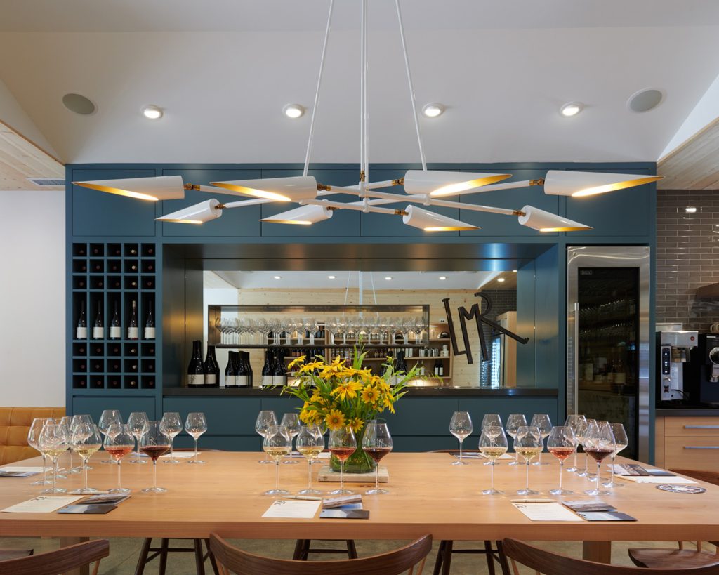 Wine room chandelier lighting for Long Meadow Ranch Winery's Anderson Valley Tasting Room in Philo, CA, USA. Fabricated by Karice.