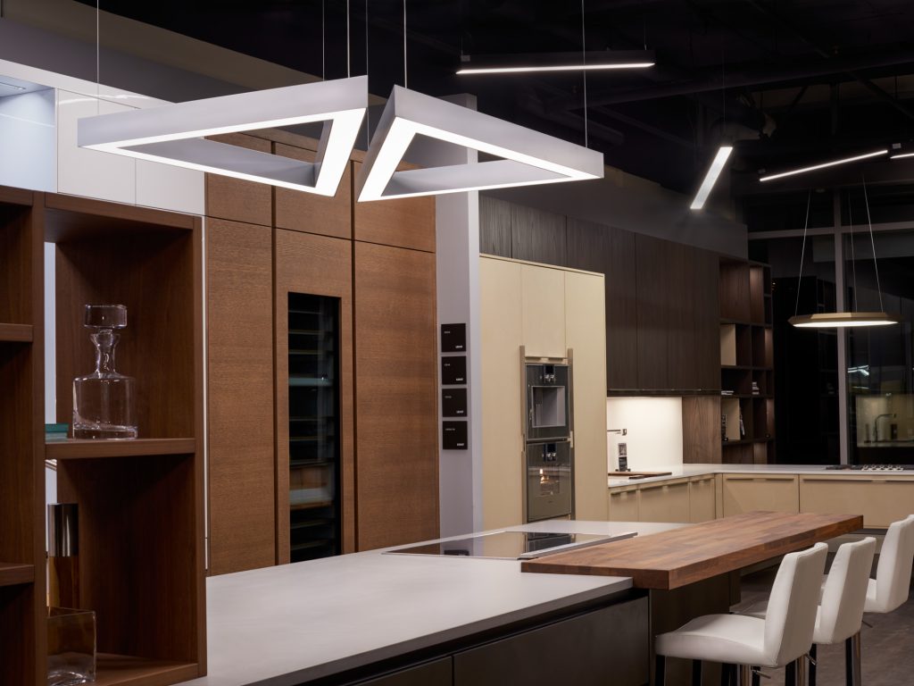 Triangular LED pendants for Leitch Kitchens (German Haus). Manufactured by Karice.