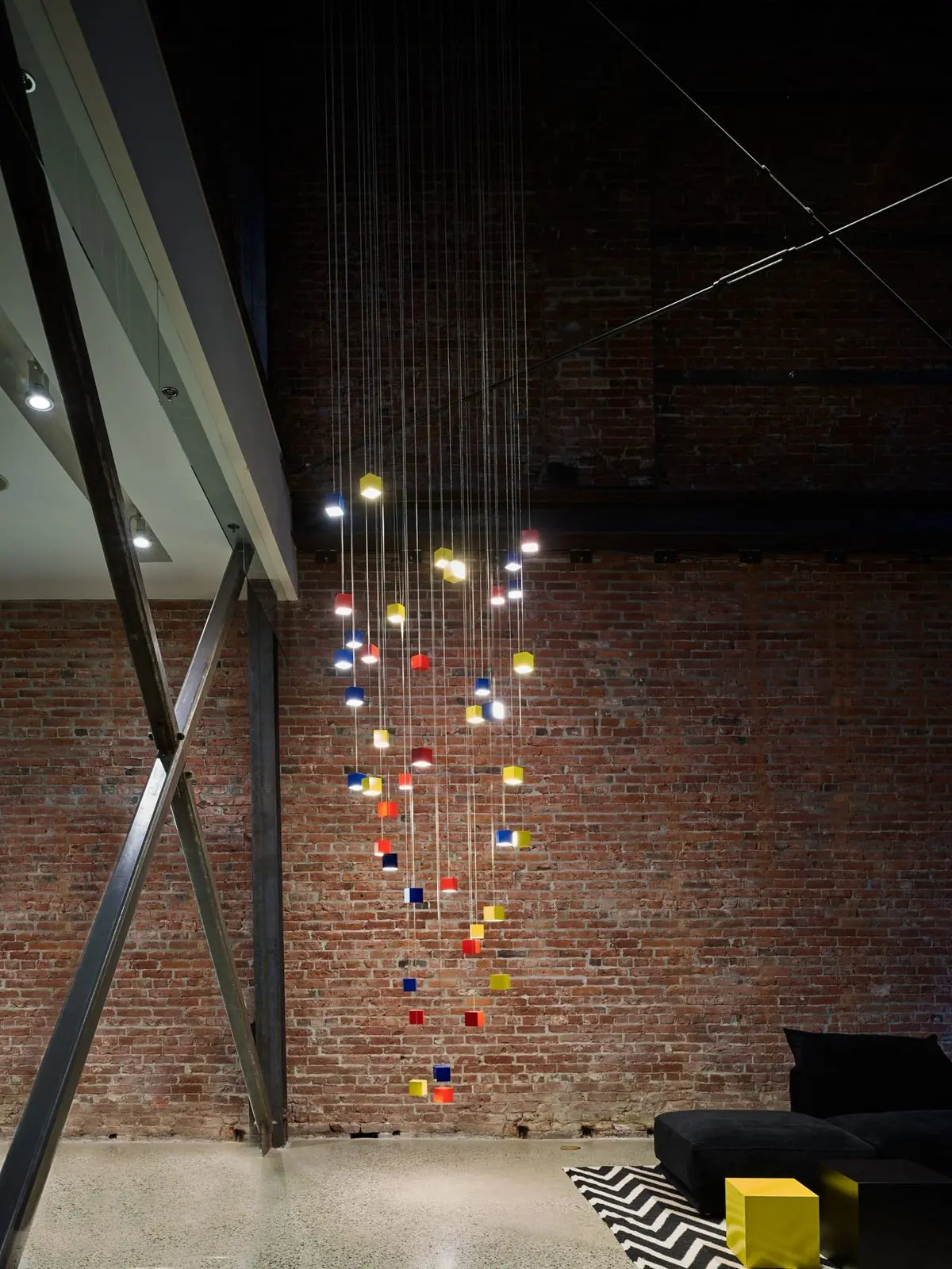 Colorful LED cube pendants for Montauk Sofa in Vancouver, BC, CA. Manufactured and designed by Karice.