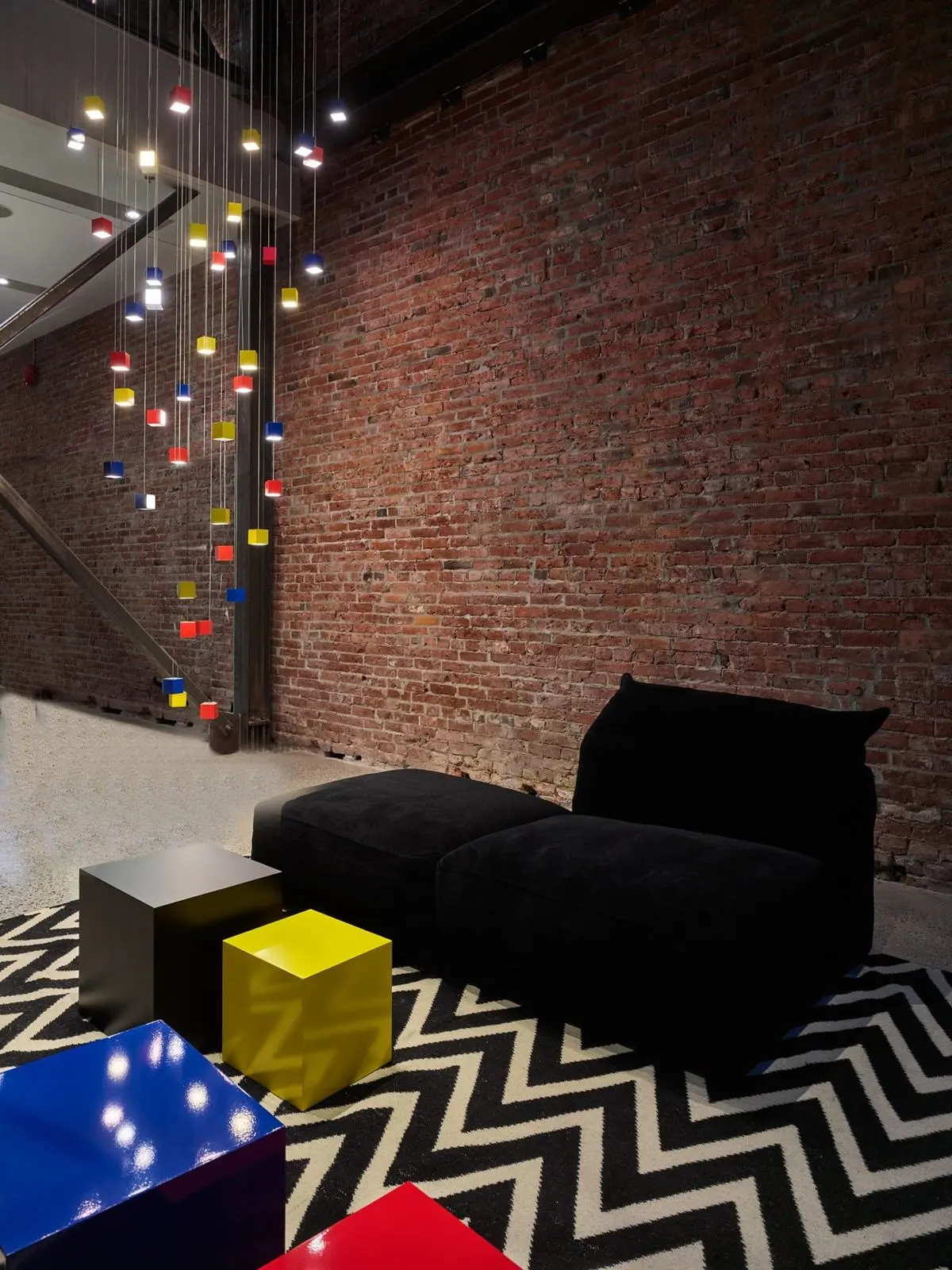 Colorful LED cube pendants for Montauk Sofa in Vancouver, BC, CA. Manufactured and designed by Karice.