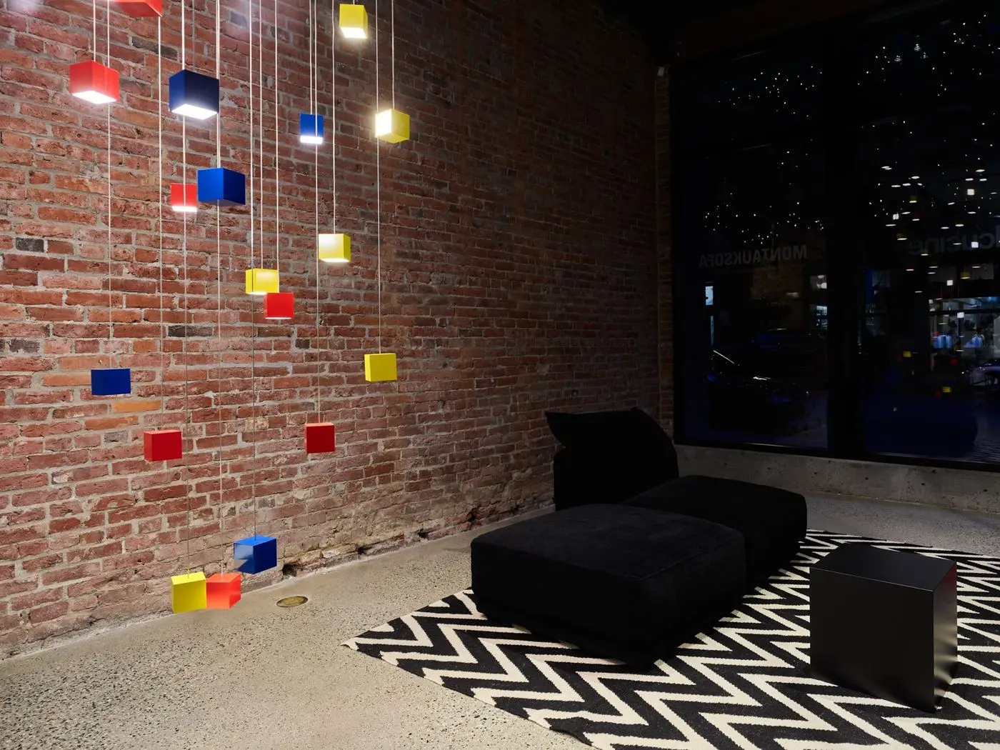 Colorful LED cube pendants for Montauk Sofa in Vancouver, BC, CA. Manufactured and designed by Karice.