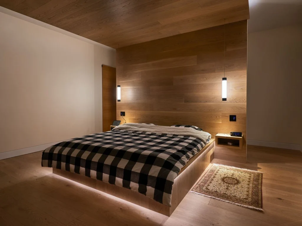 Cylindrical tube pendants on the bedside of a private home. Manufactured by Karice.