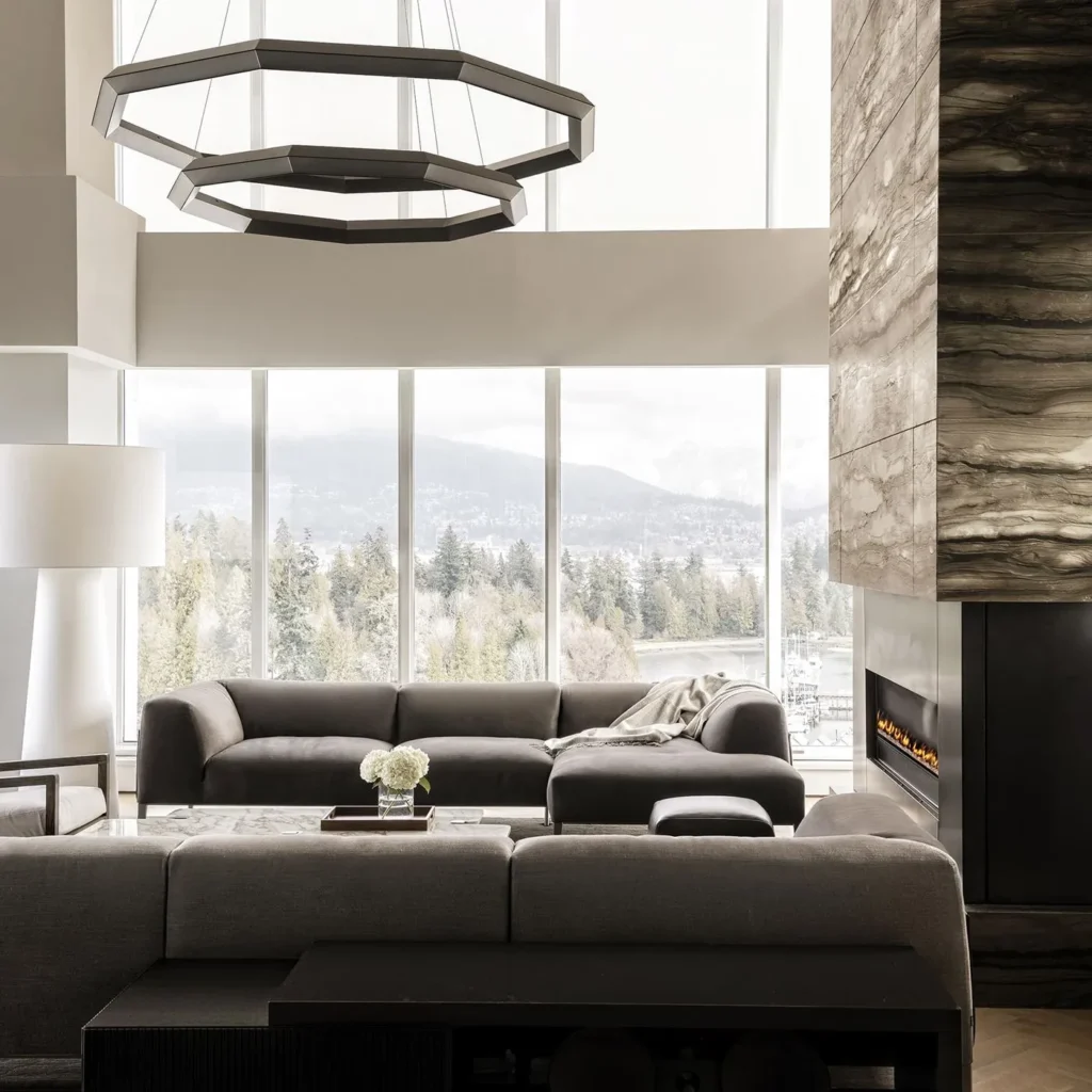 Suspended geometric chandelier for a private residence. Manufactured by Karice.