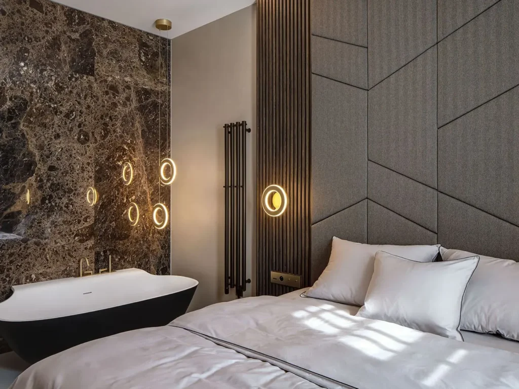 Decorative electron wall sconces and pendants for a private residence in Ukraine. Manufactured by Karice.