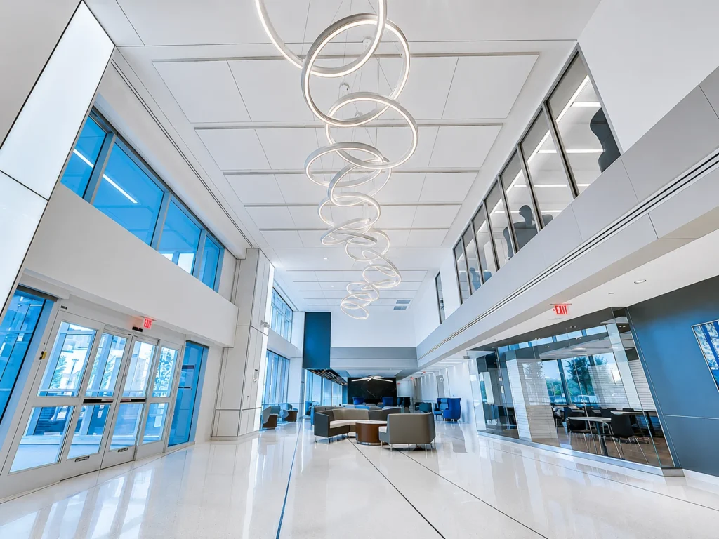 Custom Linked Circulus Chandelier for Jefferson Washington Township Hospital. Manufactured by Karice.
