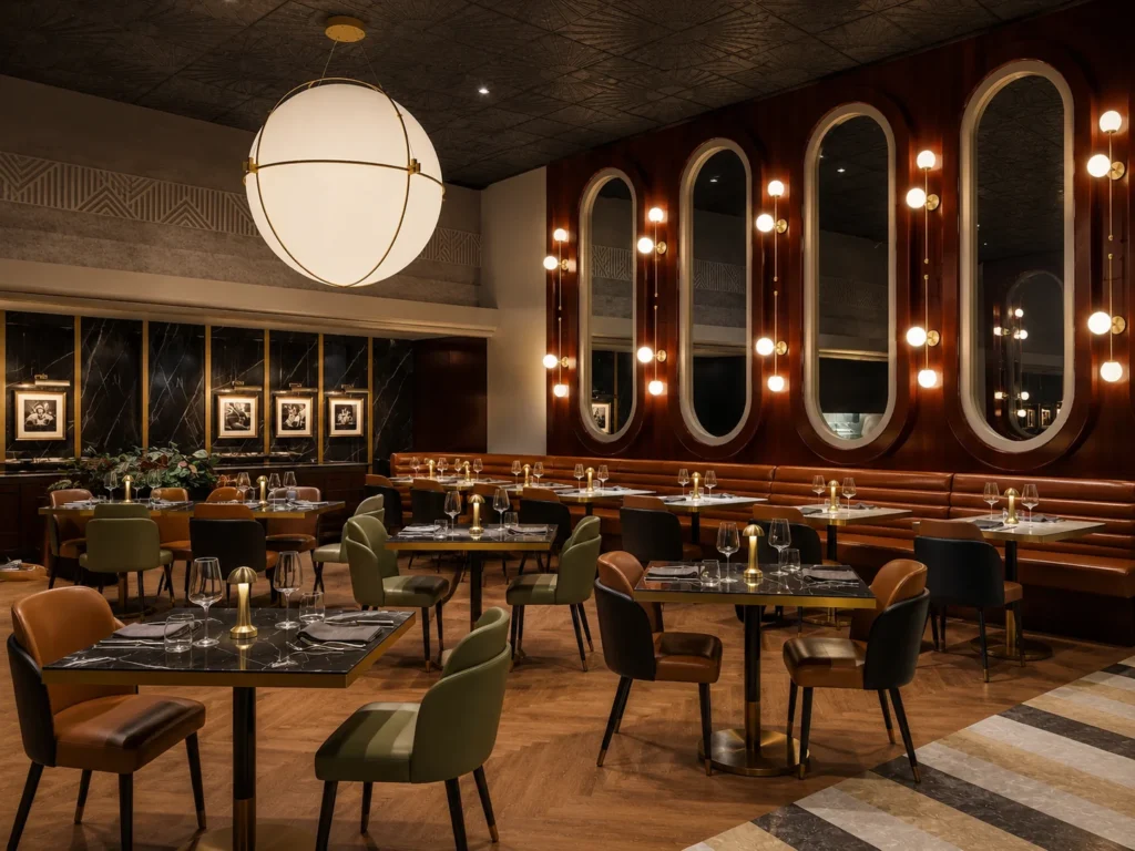 Oversized globe chandelier lighting for Gordon Ramsay Steak in Richmond, BC, Canada. Manufactured by Karice Lighting.