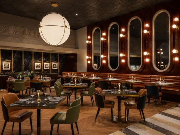 Oversized globe chandelier lighting for Gordon Ramsay Steak in Richmond, BC, Canada. Manufactured by Karice Lighting.