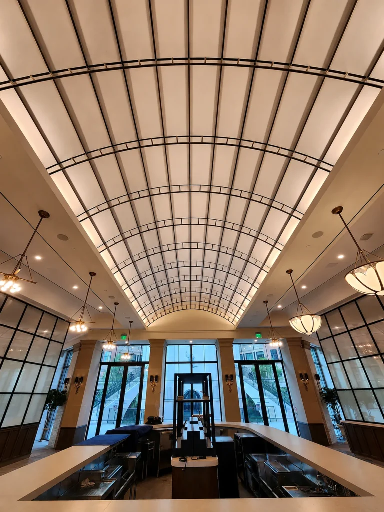 Vaulted ceiling lighting with lantern pendant lights for Orangery Private Restaurant in Dallax, TX, USA. Manufactured by Karice.