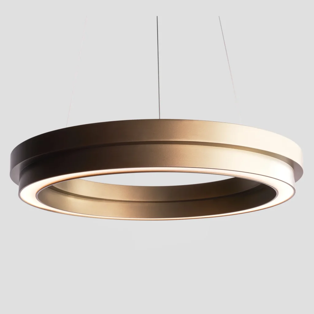 Circulus LED pendant light with circular aluminum form, 360-degree illumination, and stepped ring design in a medium bronze finish. Designed and manufactured by Karice.