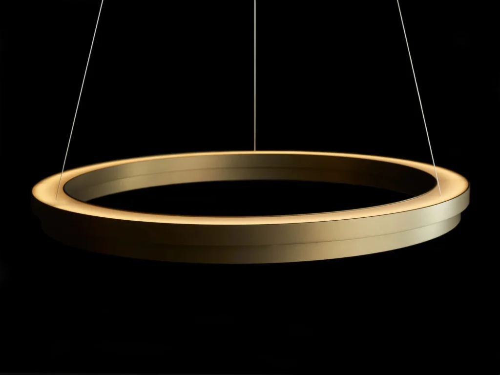 Circulus LED pendant light with circular aluminum form, 360-degree illumination, and stepped ring design in a medium bronze finish. Designed and manufactured by Karice.
