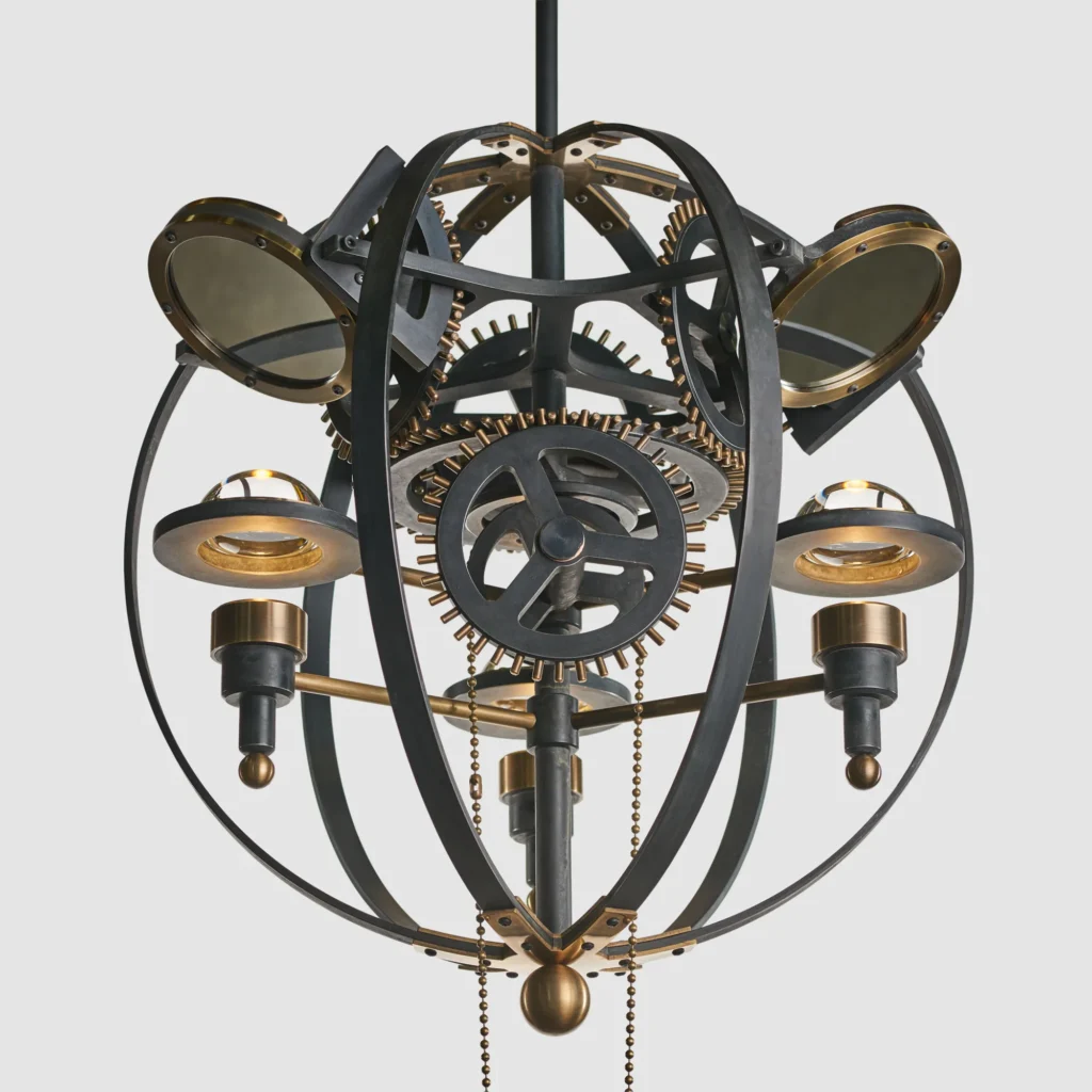 Da Vinci Leonardo 1482 sculptural light with brass gears, magnifiers, mirrors, and adjustable directional illumination. Designed and manufactured by Karice.
