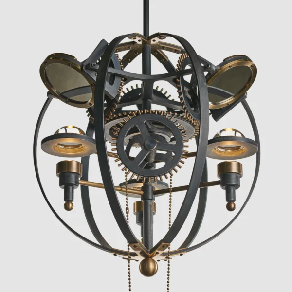 Da Vinci Leonardo 1482 sculptural light with brass gears, magnifiers, mirrors, and adjustable directional illumination. Designed and manufactured by Karice.