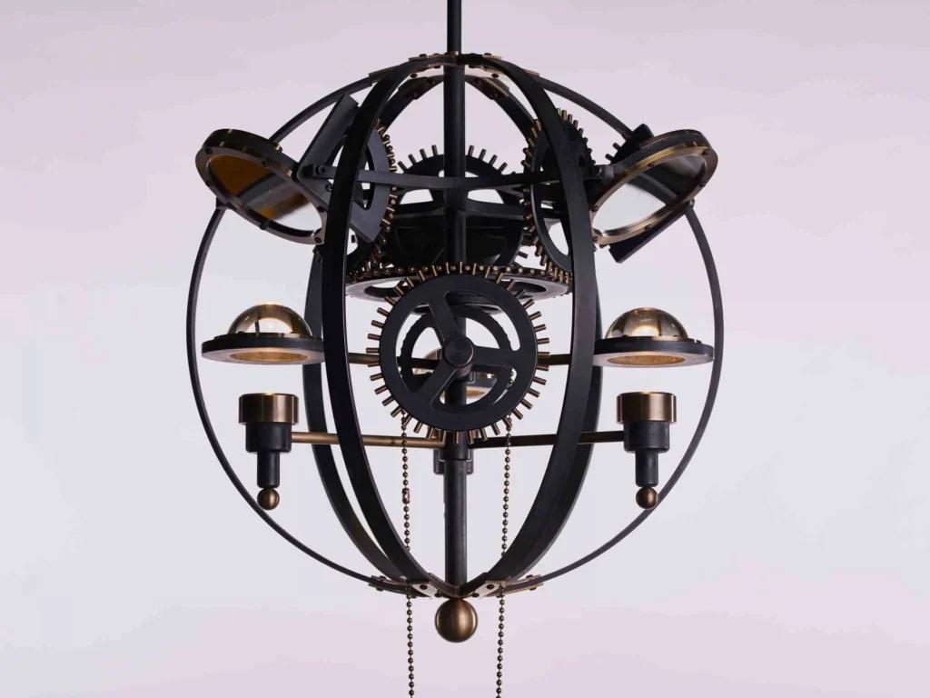 Da Vinci Leonardo 1482 sculptural light with brass gears, magnifiers, mirrors, and adjustable directional illumination. Designed and manufactured by Karice.