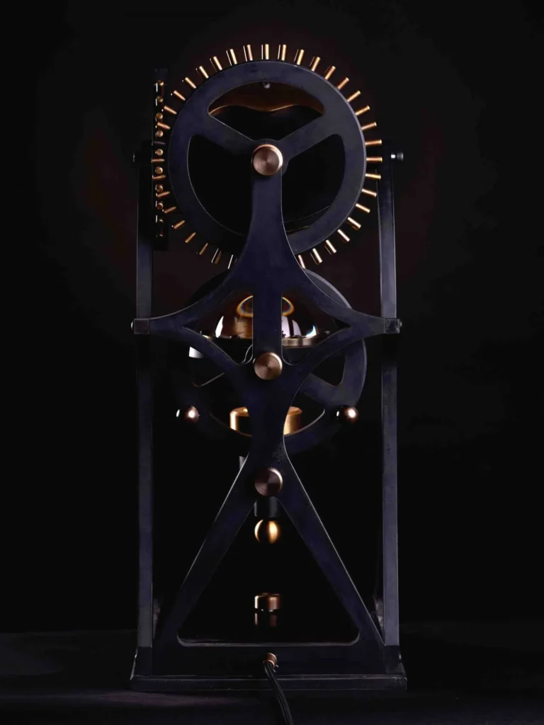 Da Vinci Vitruvian table lamp with geometric form, patinated metal, and antiqued brass details. Designed and manufactured by Karice.