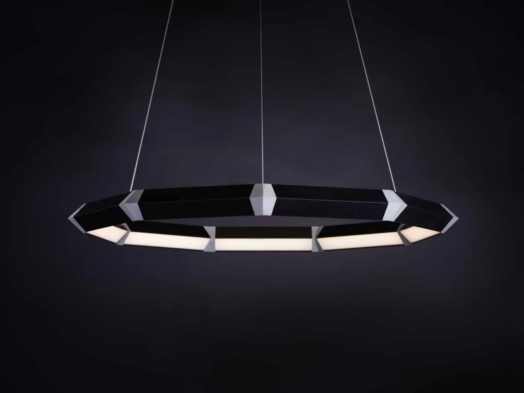 Luxennea Diamond M-Series LED chandelier with modular nine-sided geometric design. Designed and manufactured by Karice.