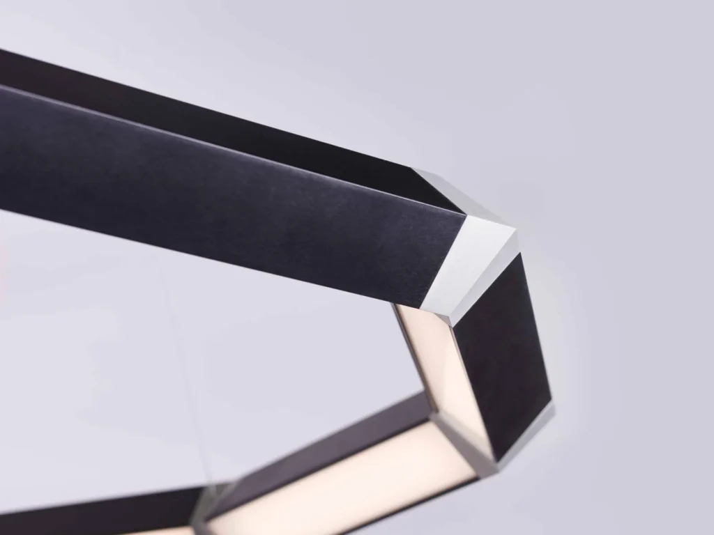 Luxennea Diamond M-Series LED chandelier with modular nine-sided geometric design. Designed and manufactured by Karice.