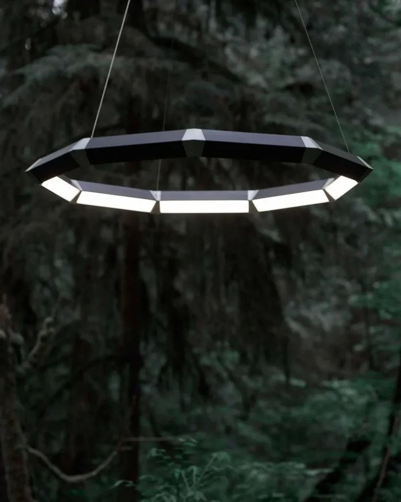 Luxennea Diamond M-Series LED chandelier with modular nine-sided geometric design. Designed and manufactured by Karice.