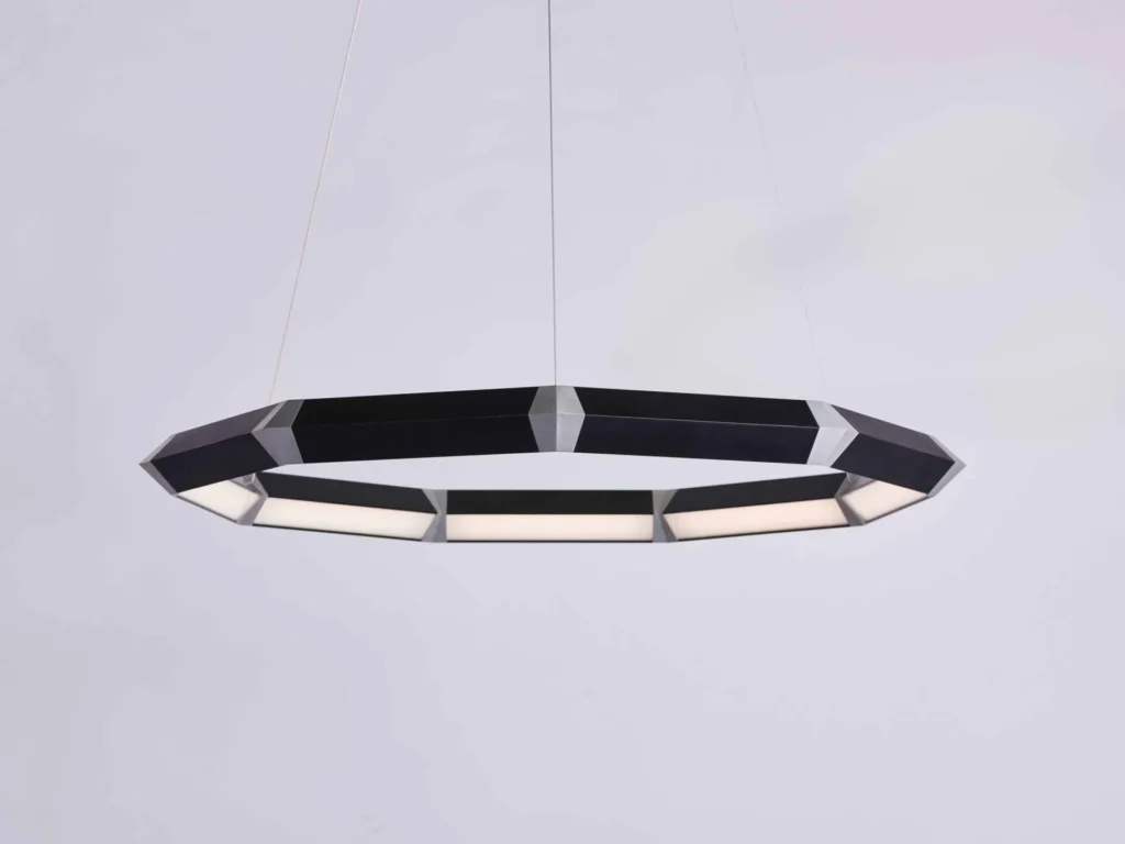Luxennea Diamond M-Series LED chandelier with modular nine-sided geometric design. Designed and manufactured by Karice.