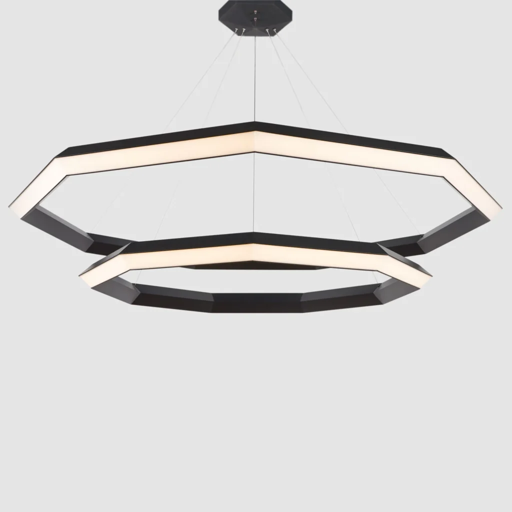 Luxennea Diamond sculptural chandelier with layered geometric tiers suspended by aircraft cables. Inspired by the Florentine Diamond. Designed and manufactured by Karice.