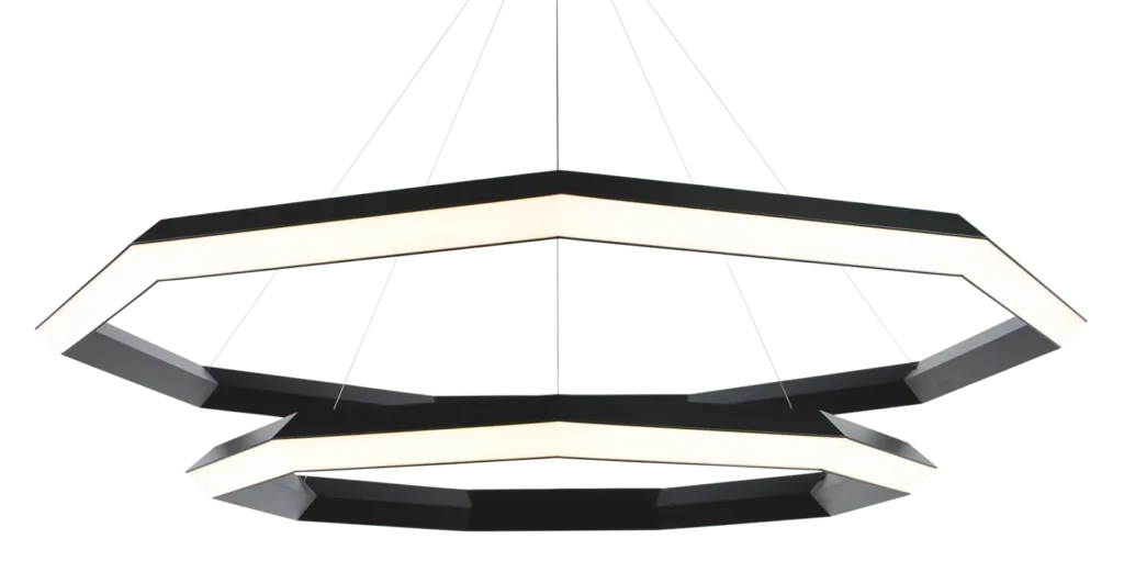 Luxennea Diamond sculptural chandelier with layered geometric tiers suspended by aircraft cables. Inspired by the Florentine Diamond. Designed and manufactured by Karice.