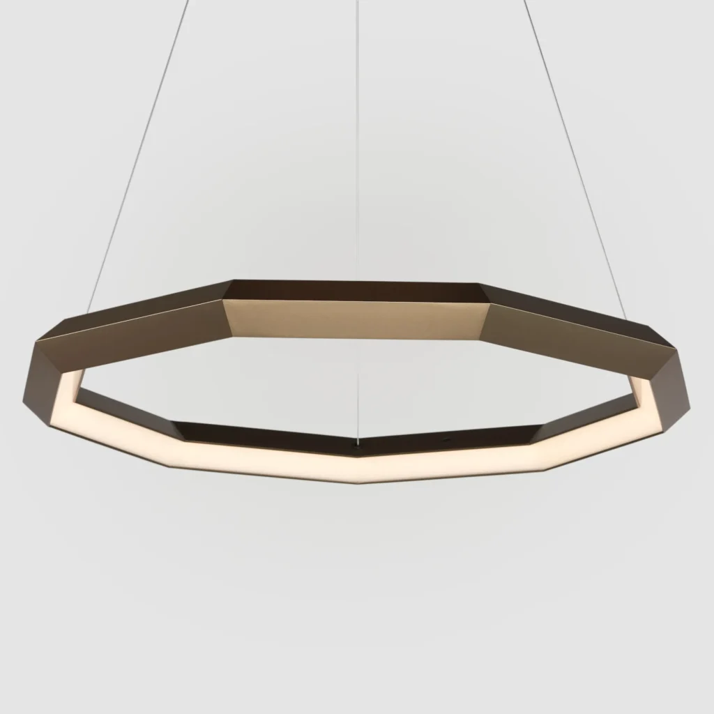 Luxennea Diamond Series 2 LED chandelier with faceted enneagon design and ambient downlighting. Designed and manufactured by Karice.