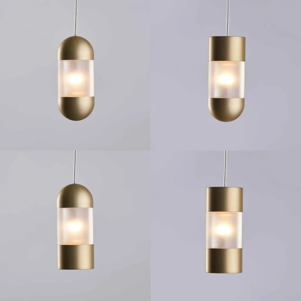 Mini Fuse LED pendant with flattened ends, acrylic diffuser, and minimalist automotive fuse-inspired design. Designed and manufactured by Karice.