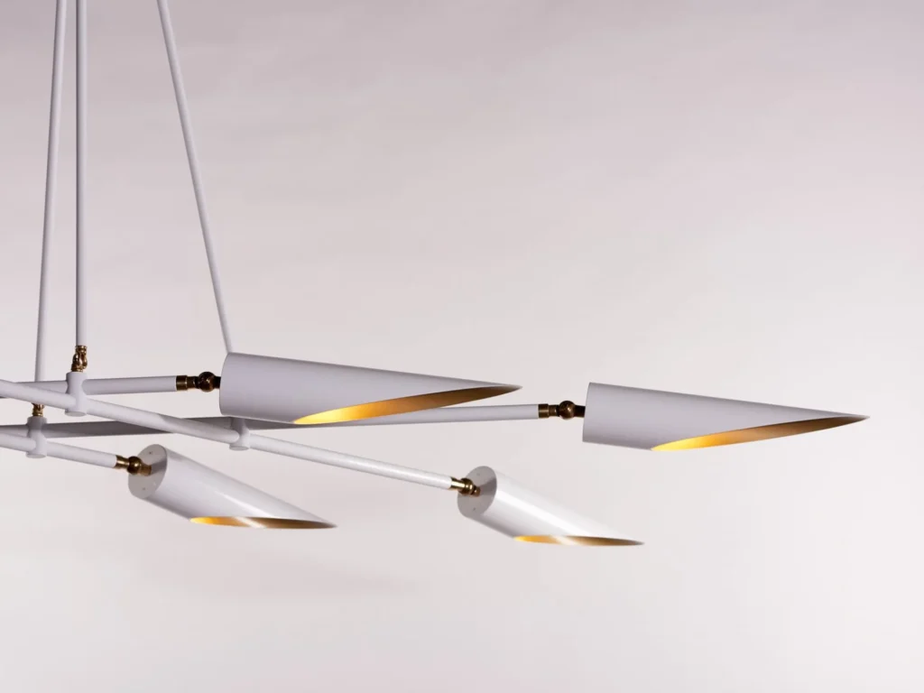 Octave mid-century chandelier with eight adjustable tilting shades, genuine brass swivels, and black or white finish options. Designed and manufactured by Karice.