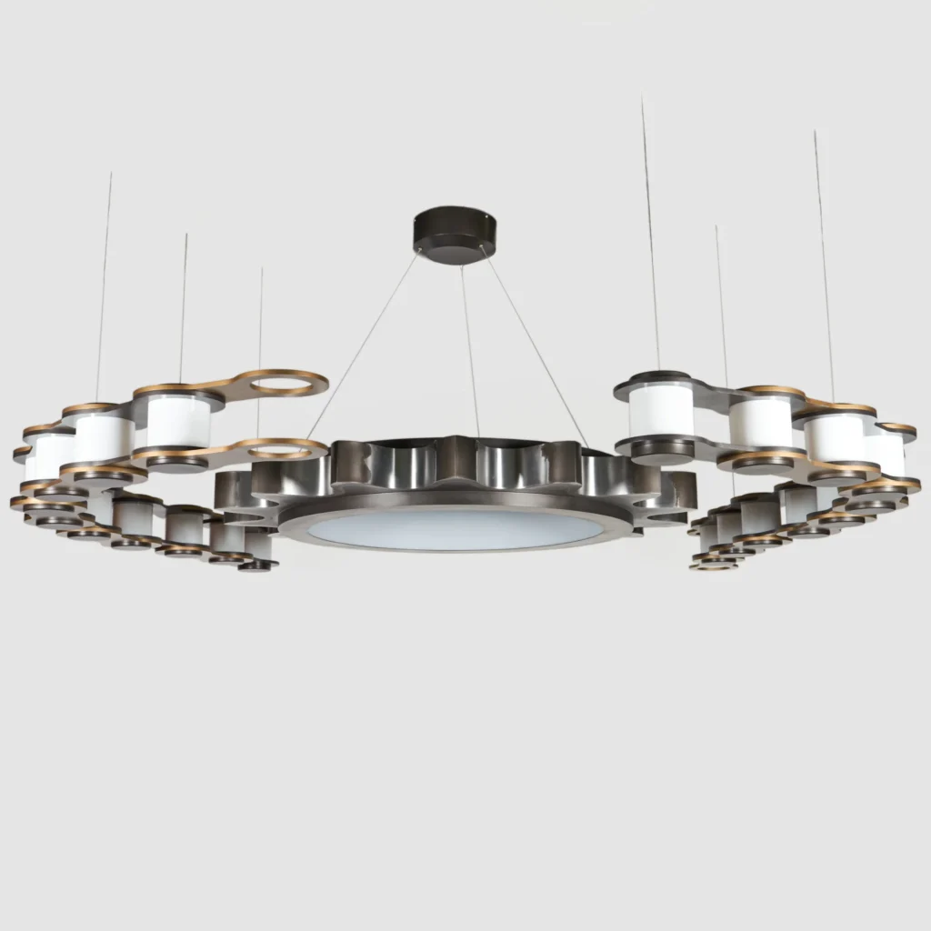 The Sprocket and Chain 10-foot LED chandelier features an oversized gear-and-chain form, suspended by concealed aircraft cables and fasteners. Designed and manufactured by Karice.
