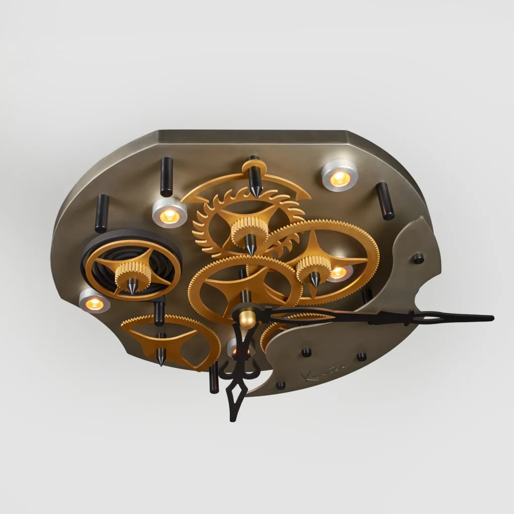 TIME sculptural LED light inspired by clockwork, featuring exposed gears, springs, pins, and ruby-like COB LED lights. Designed and manufactured by Karice.